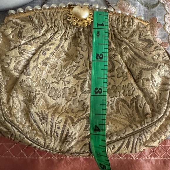 Vintage 1930’ Silk Brocade Evening Purse Small Metallic Bag with Faux Pearl - Picture 11 of 13
